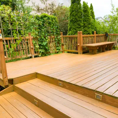 Photo Collage – Chestnut Deck Large Steps Bench Shrubs