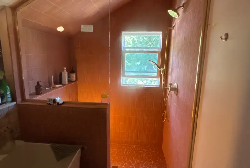 Tile Vanities and Finishes Pink Tile Shower Gold Fixtures